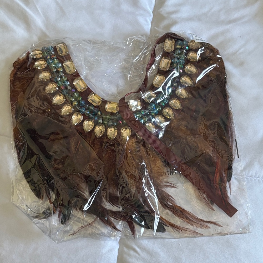 Beaded Feather Statement Collar Necklace - Brown with Gold & Turquoise